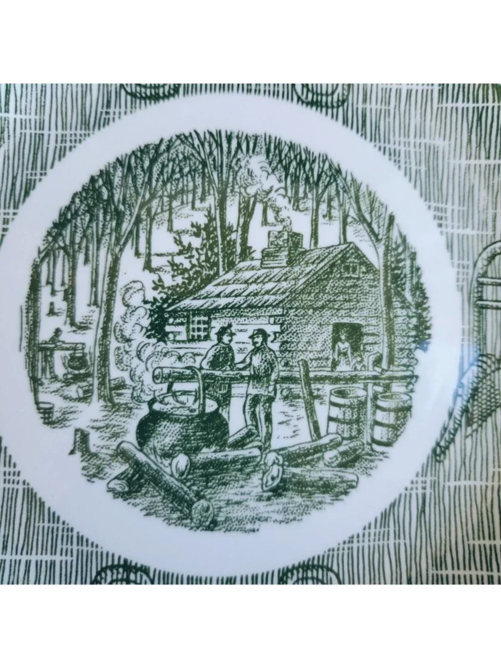 Vintage Green Transferware Currier Ives Log Cabin Pioneer Plate 8